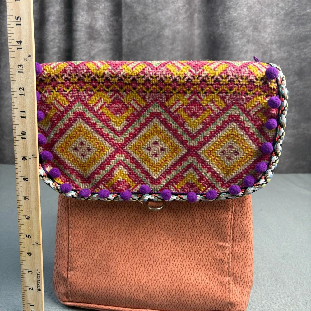 Boho Mini Backpack Terracotta Faux Leather Woven Geometric Pom Pom Trim Pink